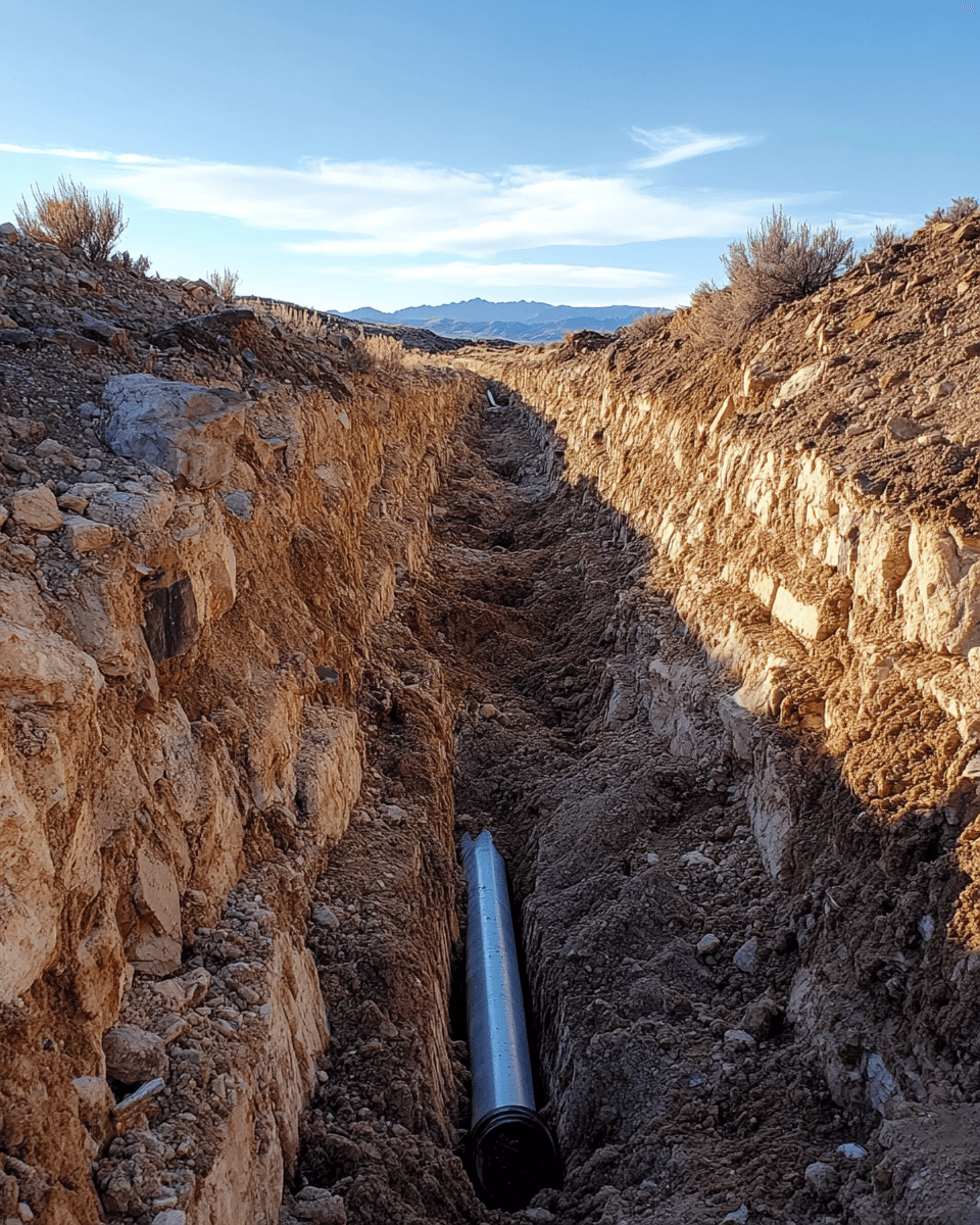 Utility trench at depth with bedding material on a Jordanelle bench project